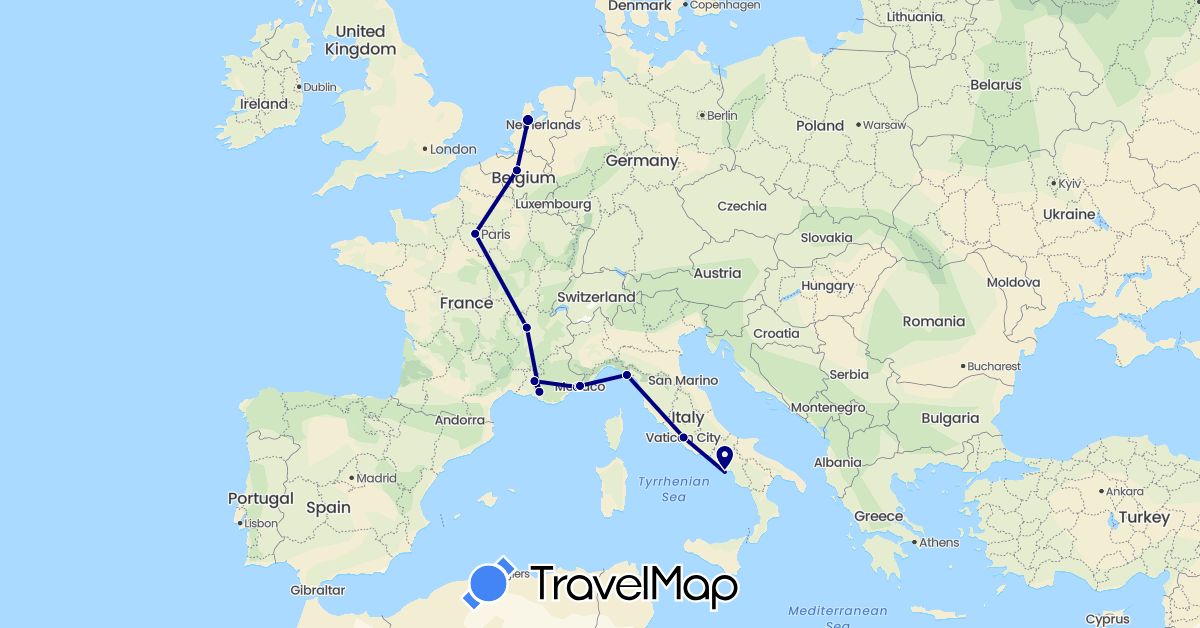 TravelMap itinerary: driving in Belgium, France, Italy, Monaco, Netherlands (Europe)